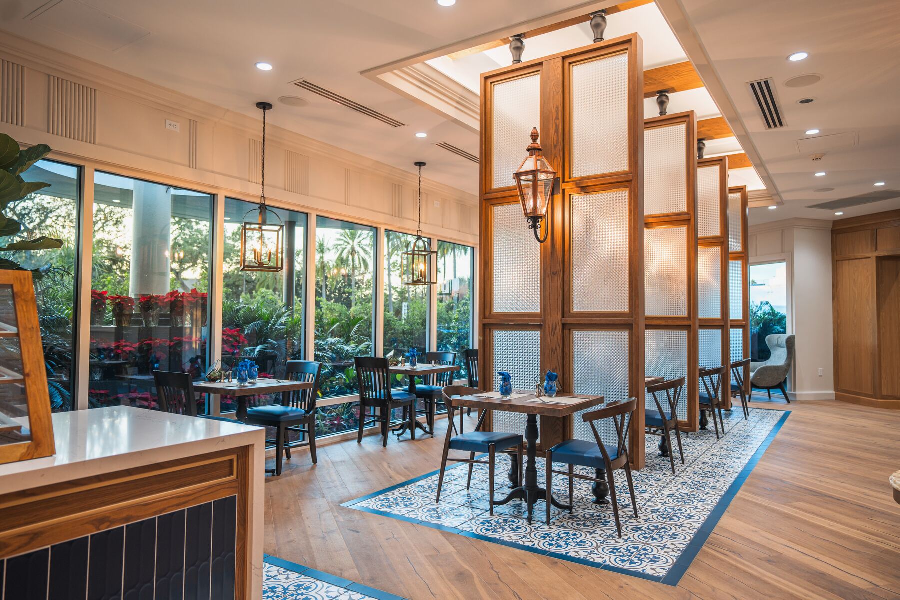 Wood and cobalt interior at Le Mans Kitchen